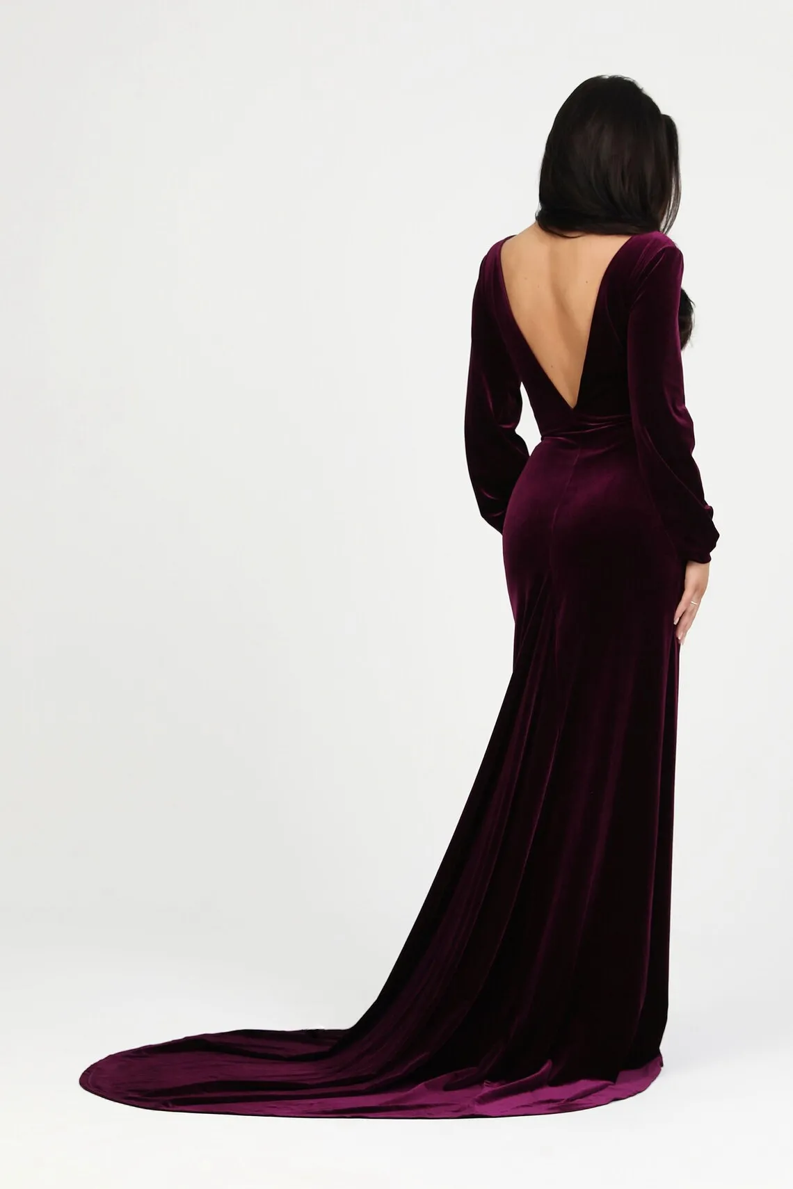 plum velvet v neck low v back wedding guest dress