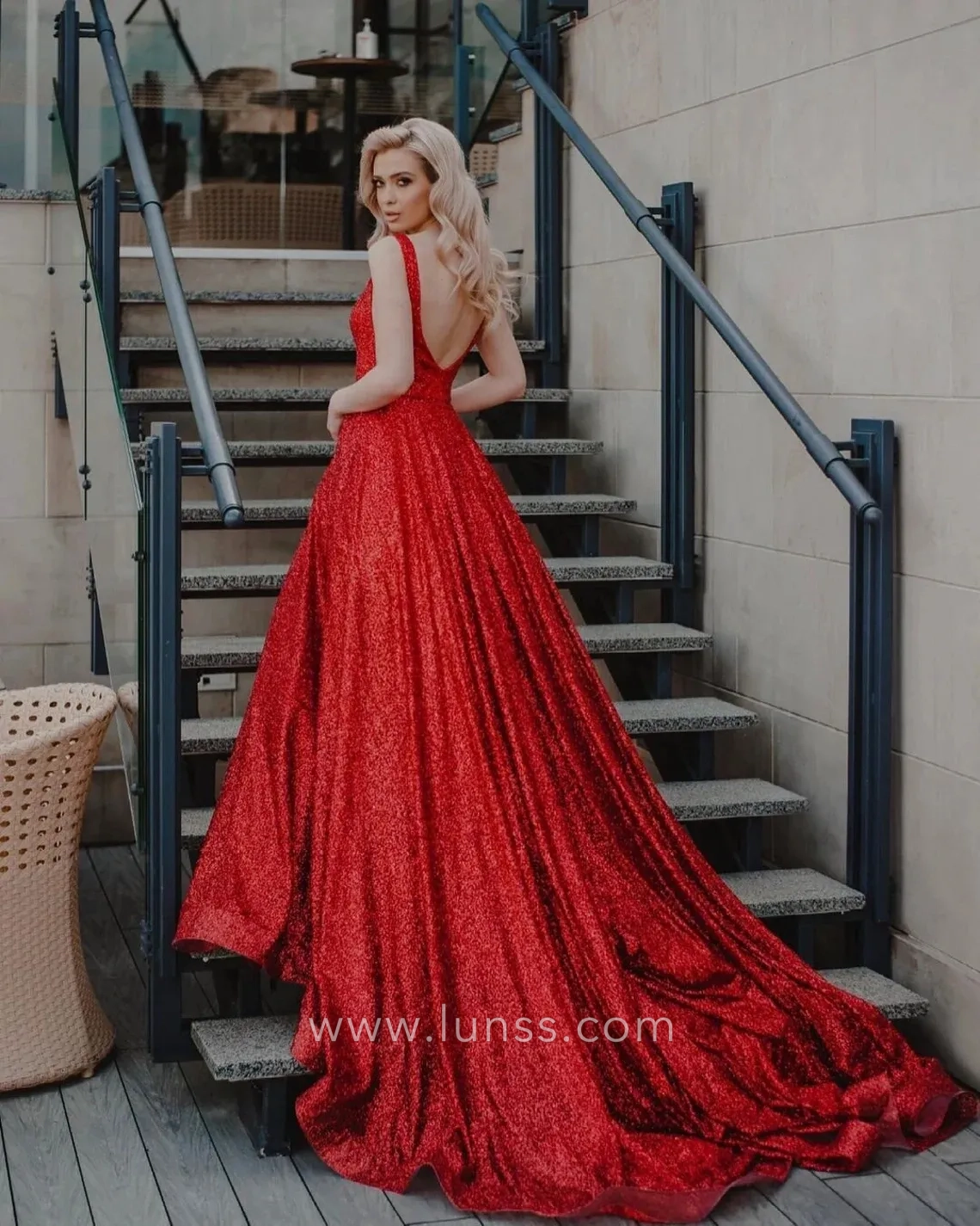 red sequin long train low back evening formal dress