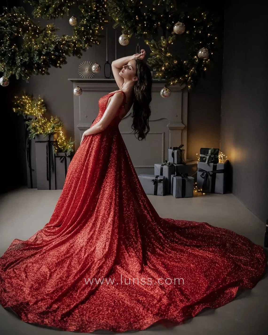 red sequin long train military ball dress
