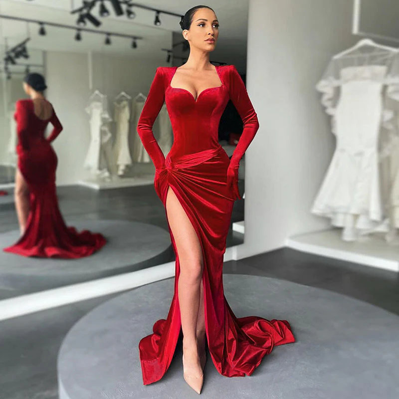 red velvet bodycon high slit formal dress
