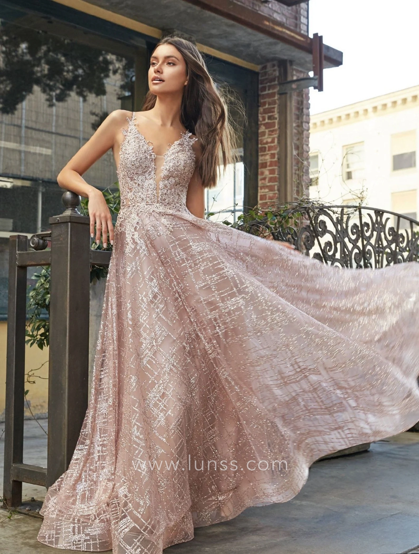 rose gold lace bodice plunging neck glitter prom dress rose gold lace bodice plunging neck glitter prom dress