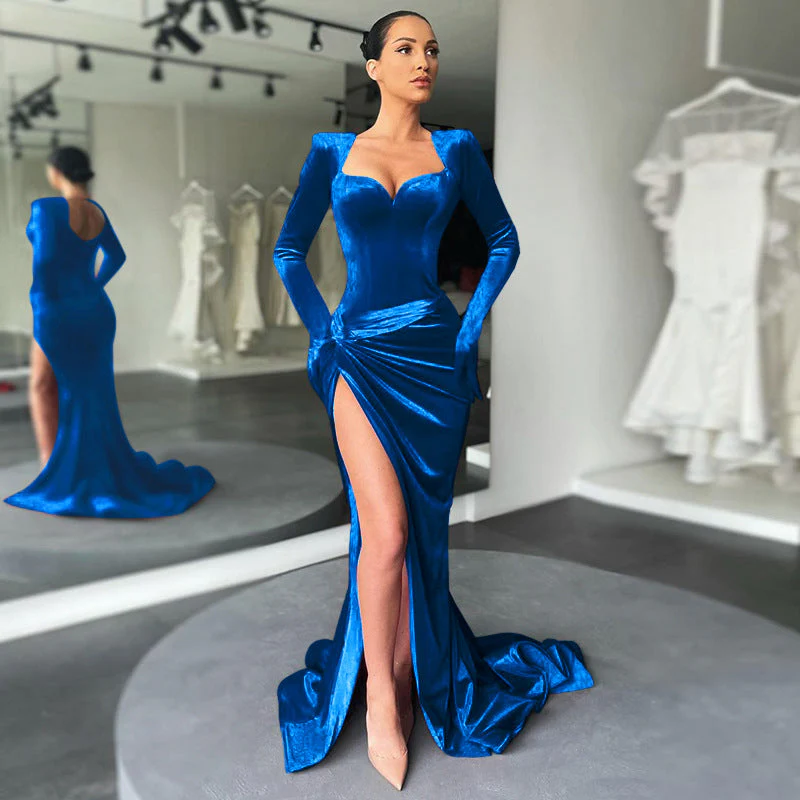 royal blue velvet long sleeve high slit dubai party gown