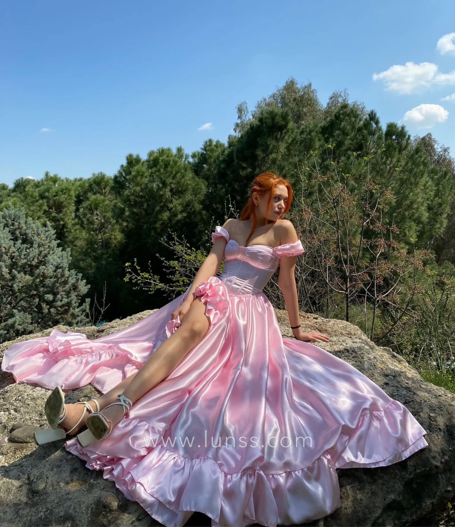 shiny pink satin off shoulder corset ruffled prom dress