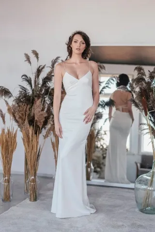 slip satin spaghetti strap backless reception dress