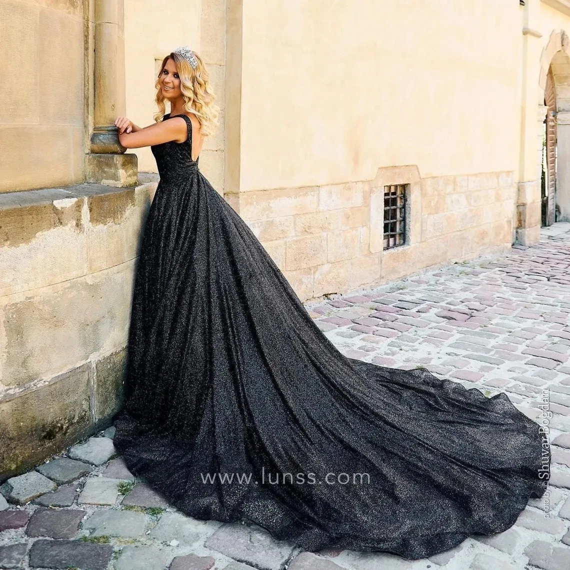 sparkly black sequin long train gala dress
