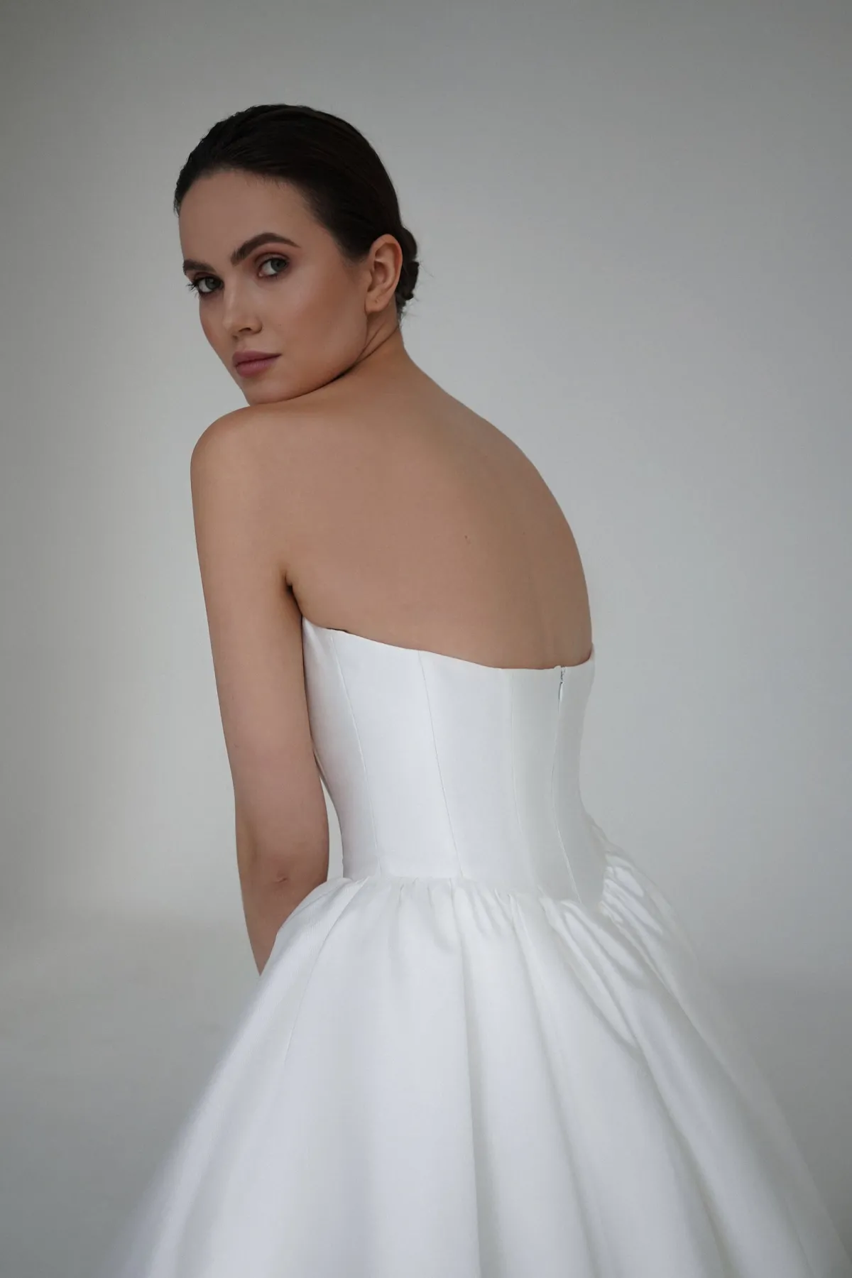 strapless basque waist satin wedding dress