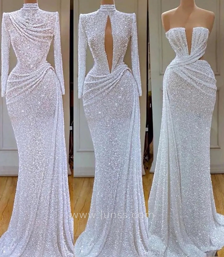 white beading high neck prom dress
