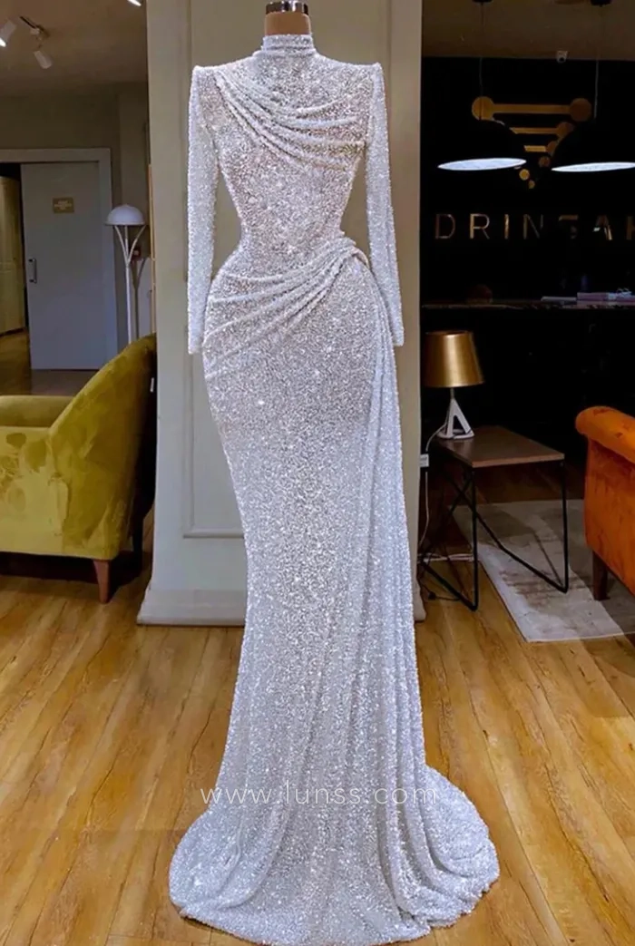 white beading high neck ruched slim fit prom dress