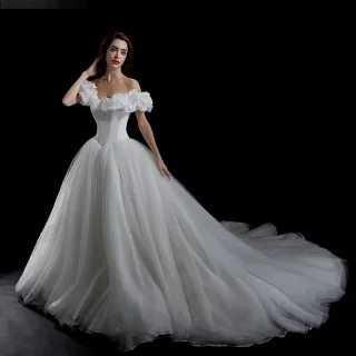 ruffled off shoulder basque waist Cinderella wedding gown