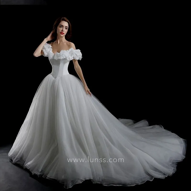 ruffled off shoulder basque waist Cinderella wedding gown