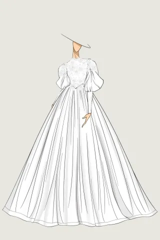 a sketch of elegant white bridal gown with puffed sleeves a sketch of elegant white bridal gown with puffed sleeves