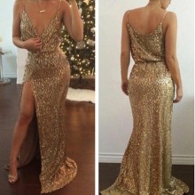 deep V neck gold sequin dress