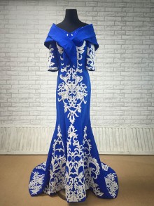 White appliqued royal blue matte satin mermaid dress