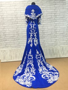 royal blue matte satin mermaid dress with detachable cape