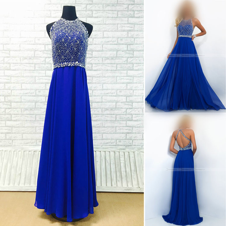 Floor Length A line Sequin Blue Custom Budget Prom Dress