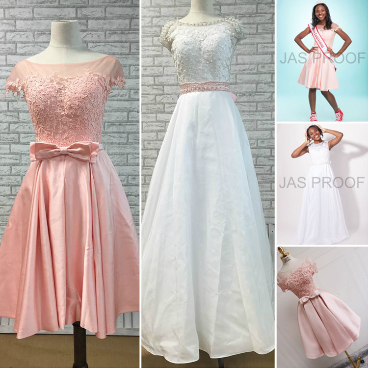 Pink Short Dress with Illusion Lace Top and White Long Dress with Pearls Lace Top