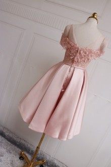 low back pink lace and satin short dress