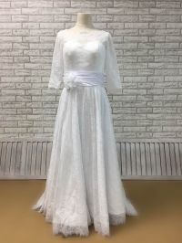illusion elbow length sleeve wedding dress with lace overlay