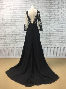 low V back black lace and chiffon prom dress