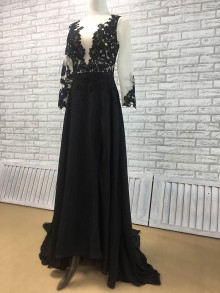 plunging sheer neck black lace and chiffon prom dress