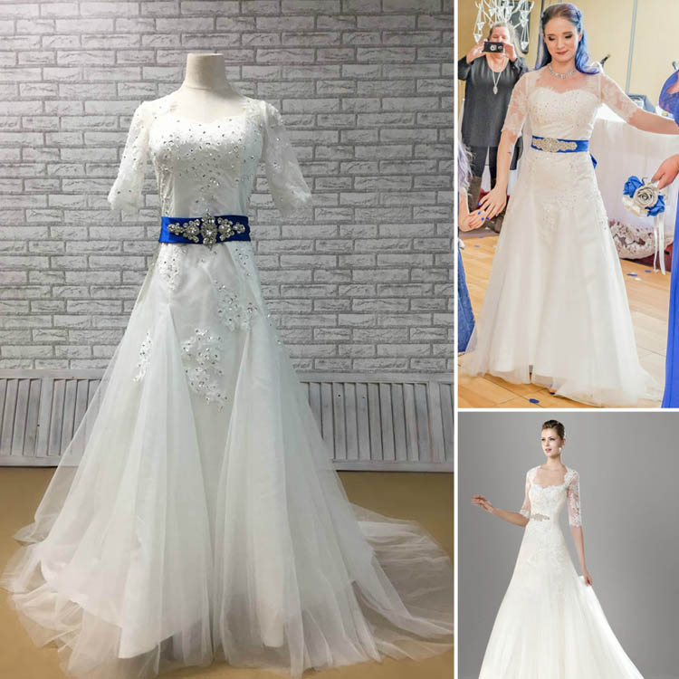 Hite Lace Half Sleeve Beaded Fit Flare Tulle Wedding Dress with Royal Blue Sash