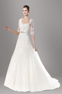 White lace half sleeve beaded fit and flare tulle wedding dress