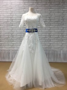 White lace half sleeve tulle wedding dress with royal blue sash