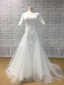 lace half sleeve beaded fit and flare tulle wedding dress