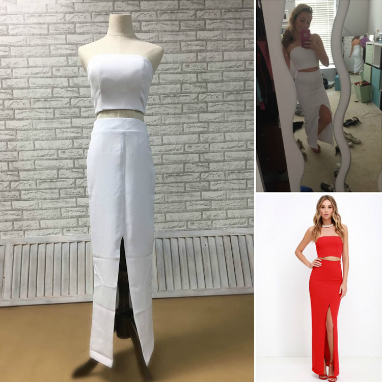 matte white two piece prom dress with tight skirt