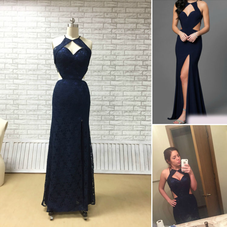 Barely Touch the Ground Navy Blue Lacy Long Dress
