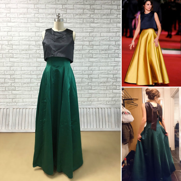 dark pine green bottom two piece A shape satin dress