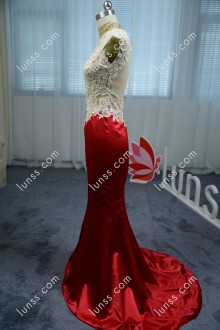 Exquisite Beaded Lace Appliques High Neck Ruby Mermaid Prom Dress