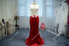 Exquisite Beaded Lace Appliques High Neck Silky Shiny Ruby Prom Dress