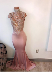 exquisite beaded high neck pink prom dress