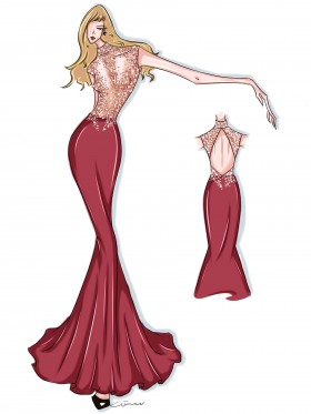 ruby lace and satin mermaid long prom dress sketch