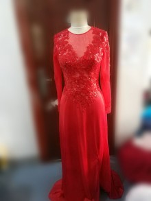 Red Long Sleeve Jewel Neck A line Custom Made Dress