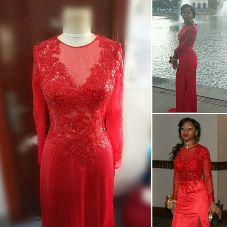Red Long Sleeve Jewel Neck A line Custom Made Dress with Envelope Back
