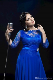 A line scalloped neck sheer 3 4 sleeve lace chiffon dress
