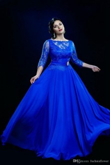 A line scalloped neck sheer 3 4 sleeve lace chiffon floor length dress