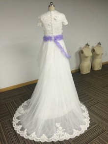 Customized Short Sleeve V Neck Lace and Tulle Puffy Wedding Dress