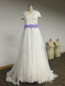 Short Sleeve V Neck Lace and Tulle Puffy A line Wedding Dress