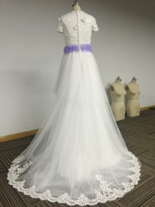 customized short sleeve A line wedding dress