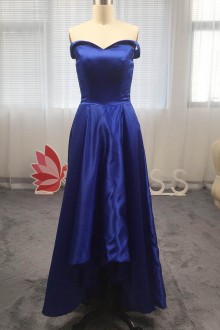 Hi Lo Off the shoulder Royal Blue Shiny Satin Dress