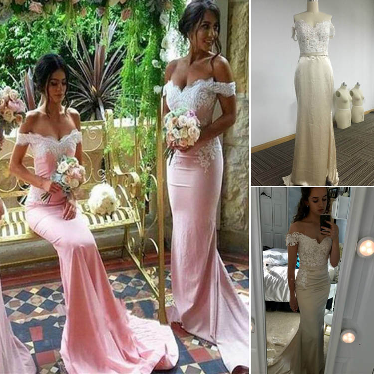 Off the shoulder Light Champagne Charmeuse Mermaid Dress