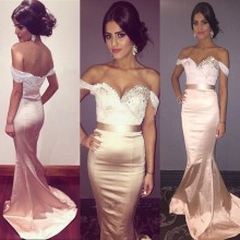 lace and satin champagne bridesmaid dress