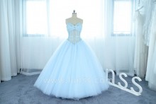 illusion strapless pearl layered tulle ball gown prom dress in baby blue