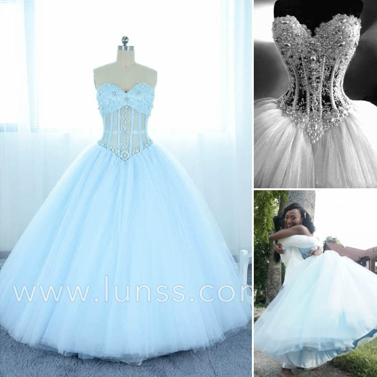 illusion strapless pearl layered tulle ball gown prom dress made in baby blue