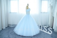 pearl layered tulle ball gown prom dress made in baby blue color
