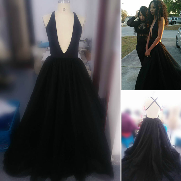 Black Spandex and Tulle Plunging Prom Dress