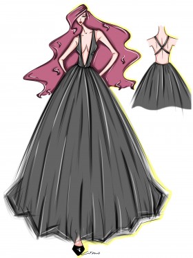 black plunging neckline prom dress sketch